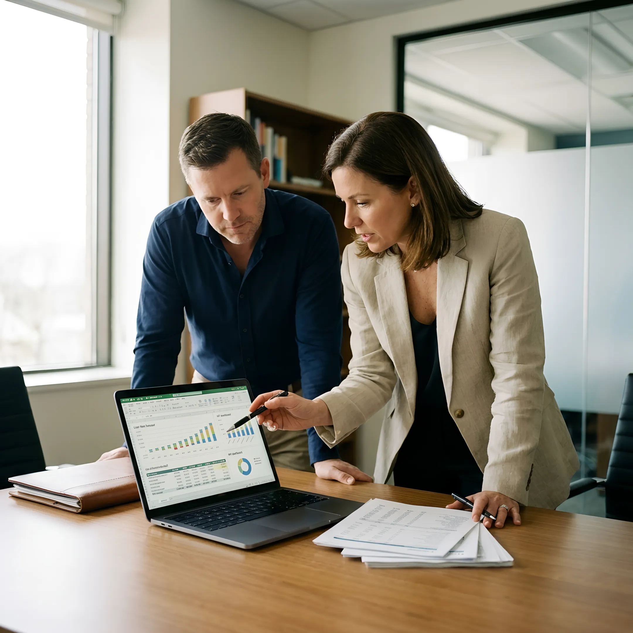 Business owner and CFO advisor reviewing a executive scorecard