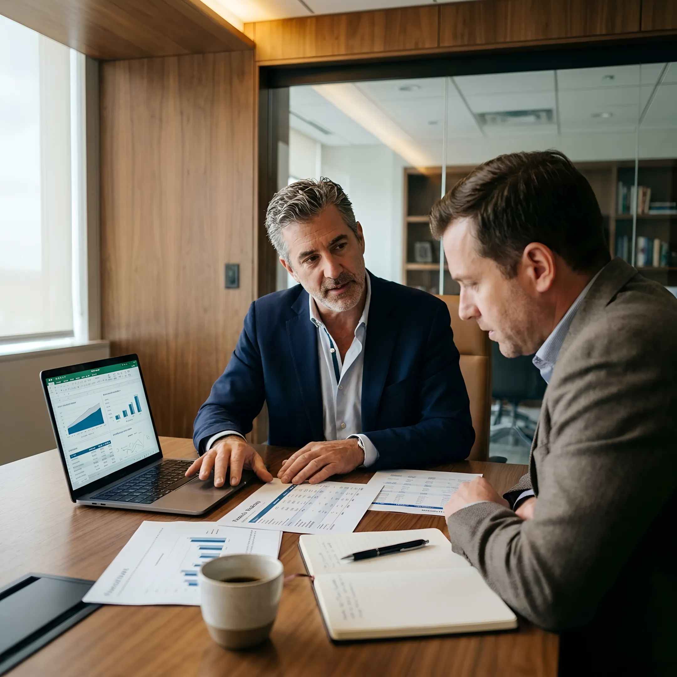 Business owner and CFO advisor discussing a financial plan