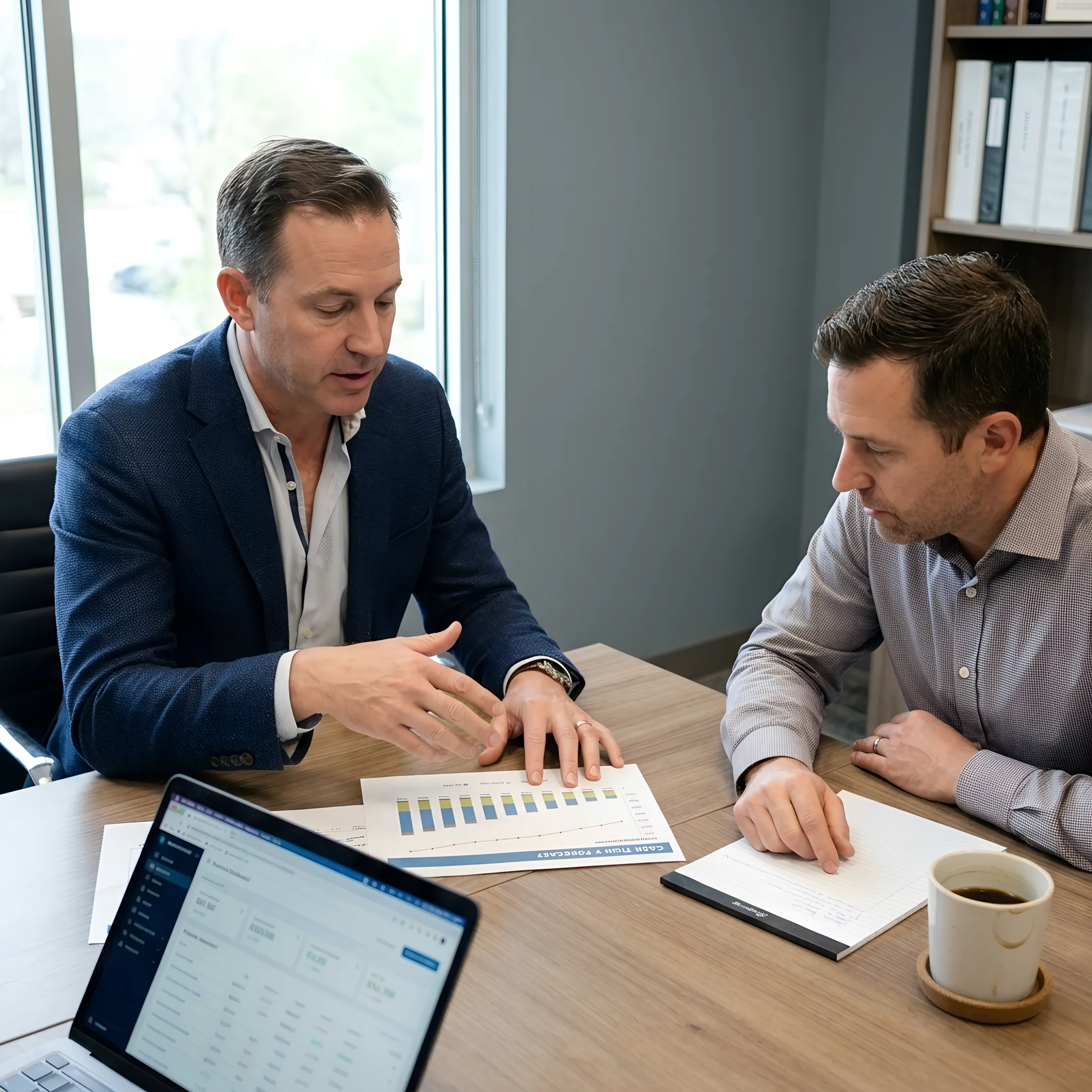 CFO advisor explaining financial strategy to founder