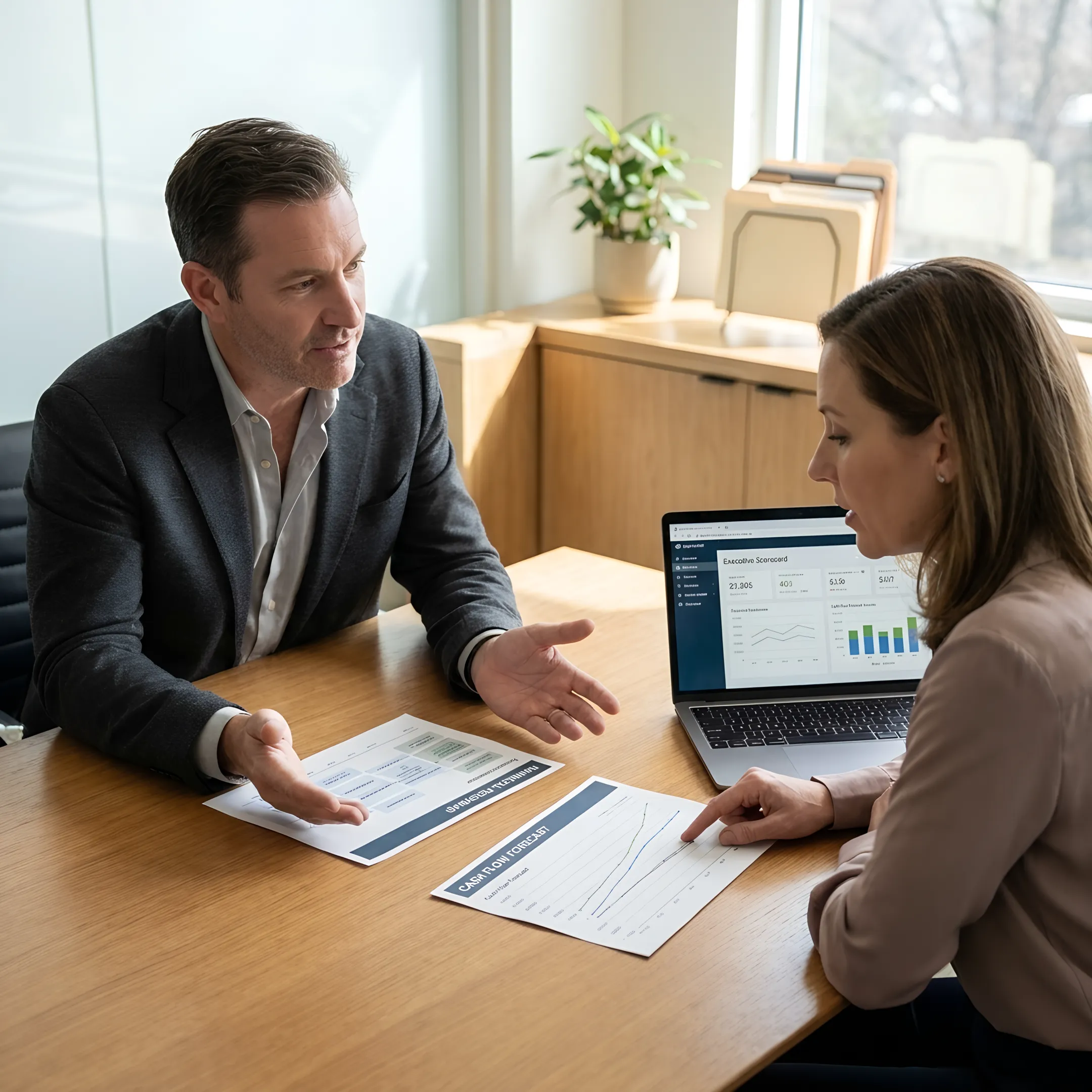 Business leader and CFO reviewing a financial roadmap