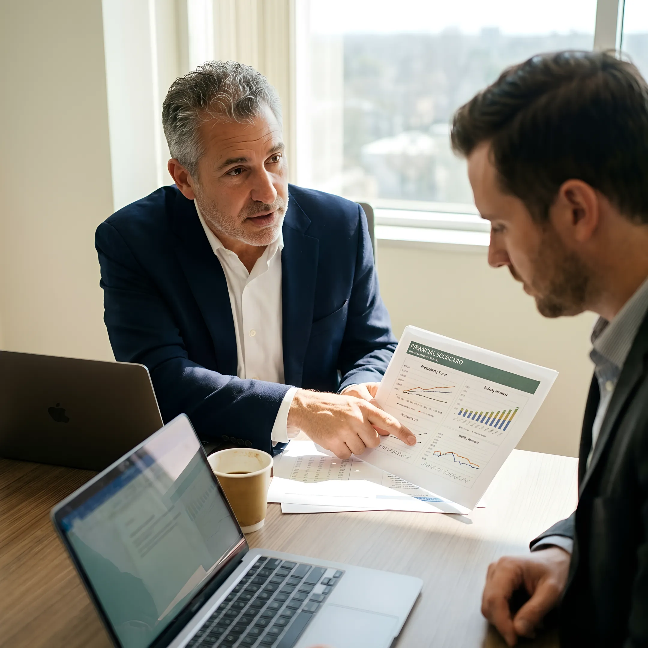 Business owner and CFO advisor reviewing a executive scorecard
