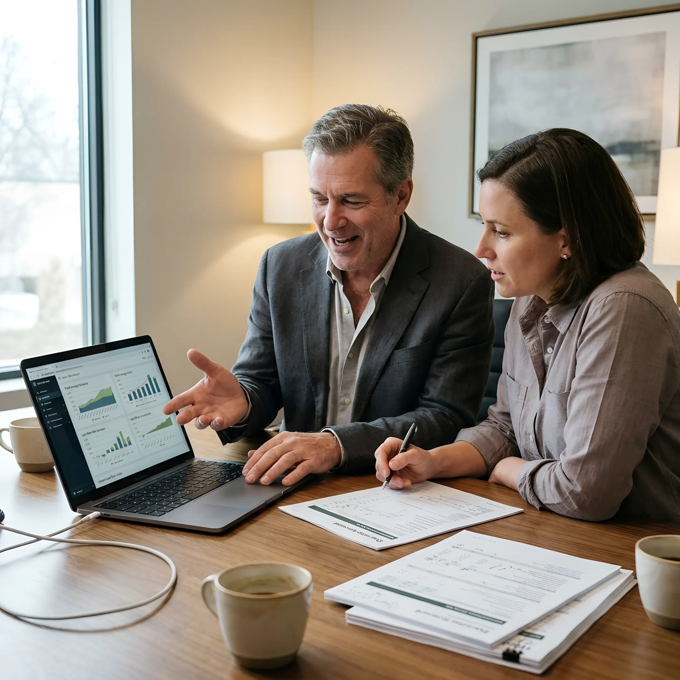 Business owner and CFO reviewing a executive scorecard