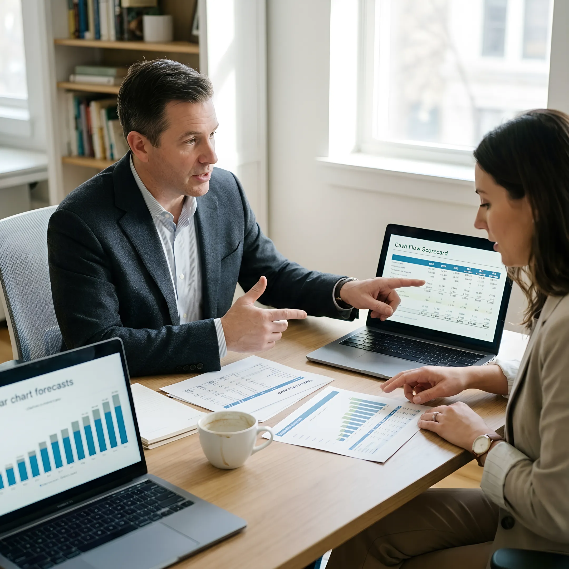 CFO advisor explaining cash flow executive scorecard to business founder