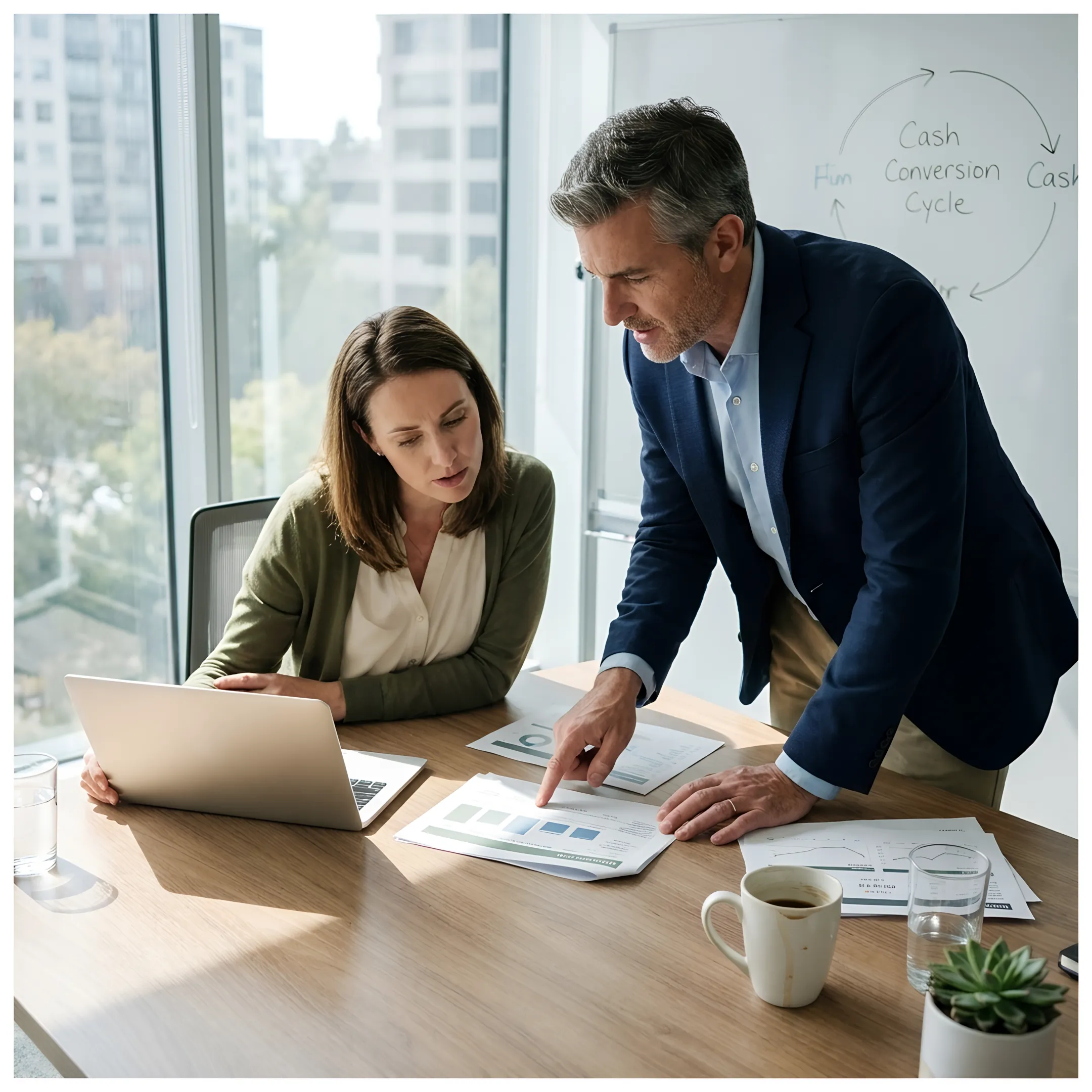 CFO advisor discussing a cash flow plan with a founder