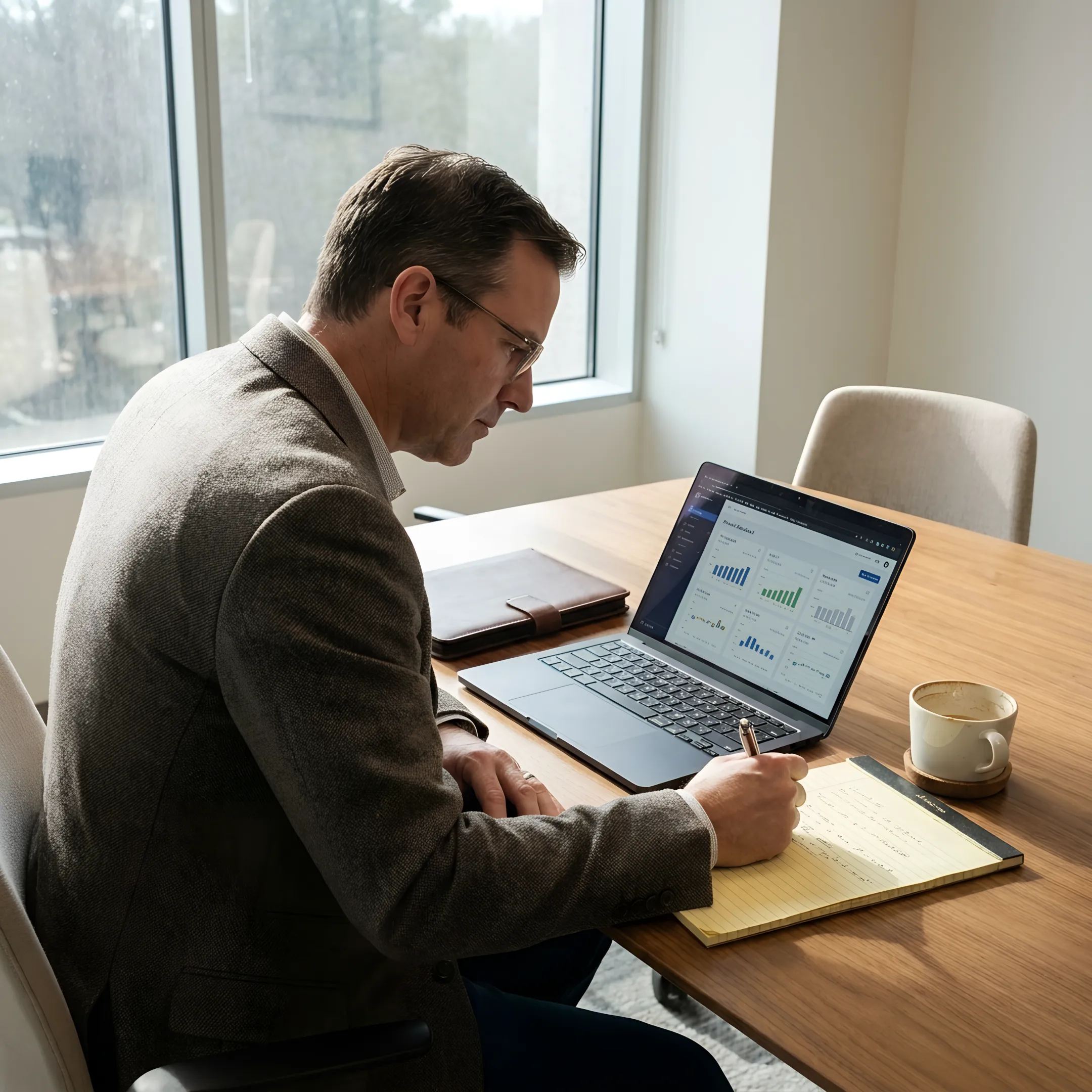Business founder and CFO advisor discussing a executive scorecard