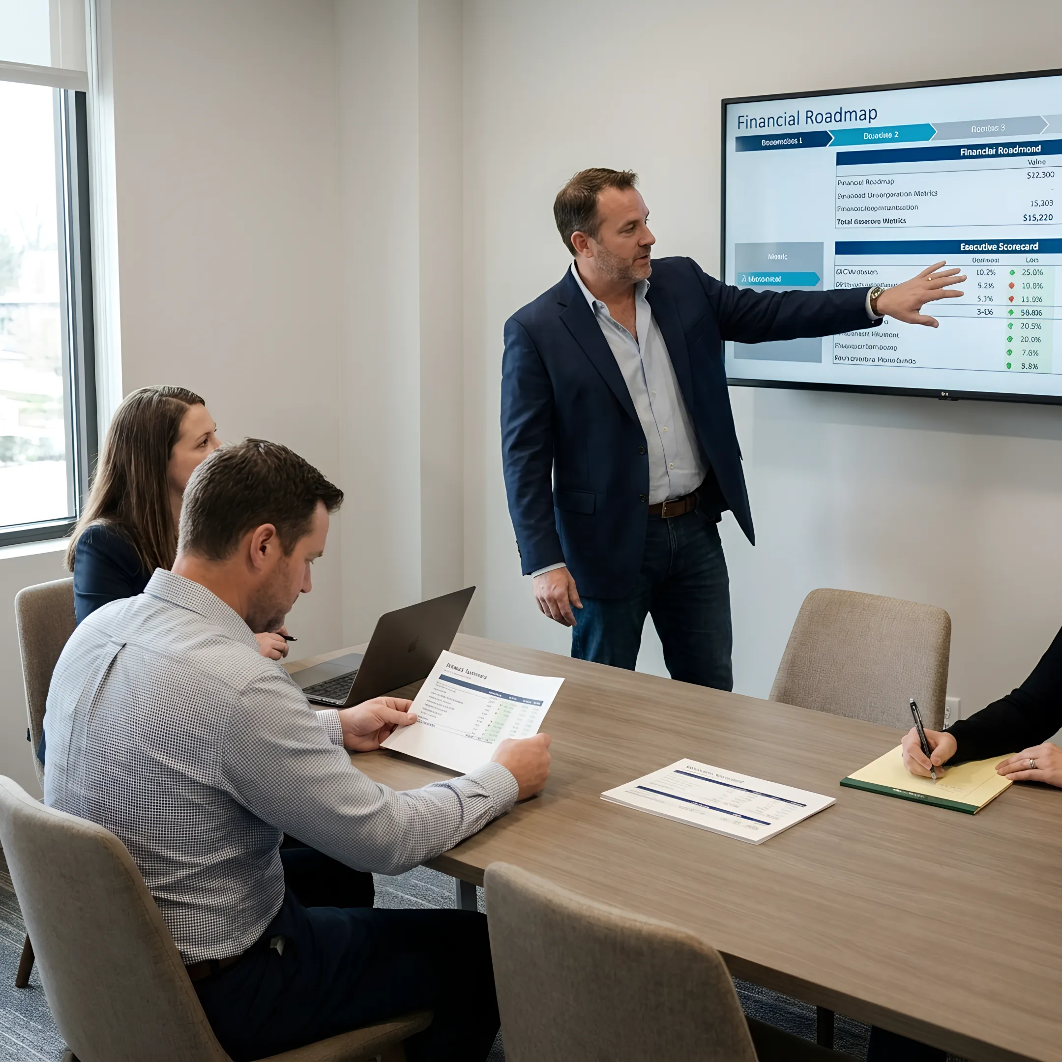 Business advisor presenting financial roadmap to leadership team