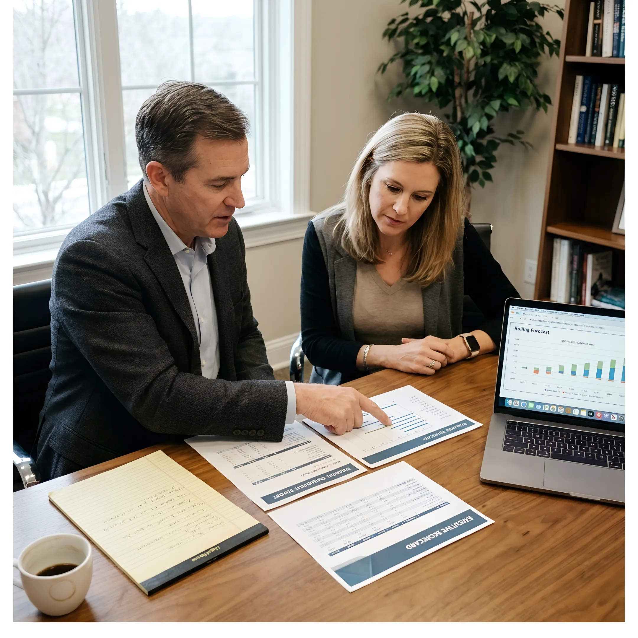 Business owner and CFO advisor reviewing a financial strategy