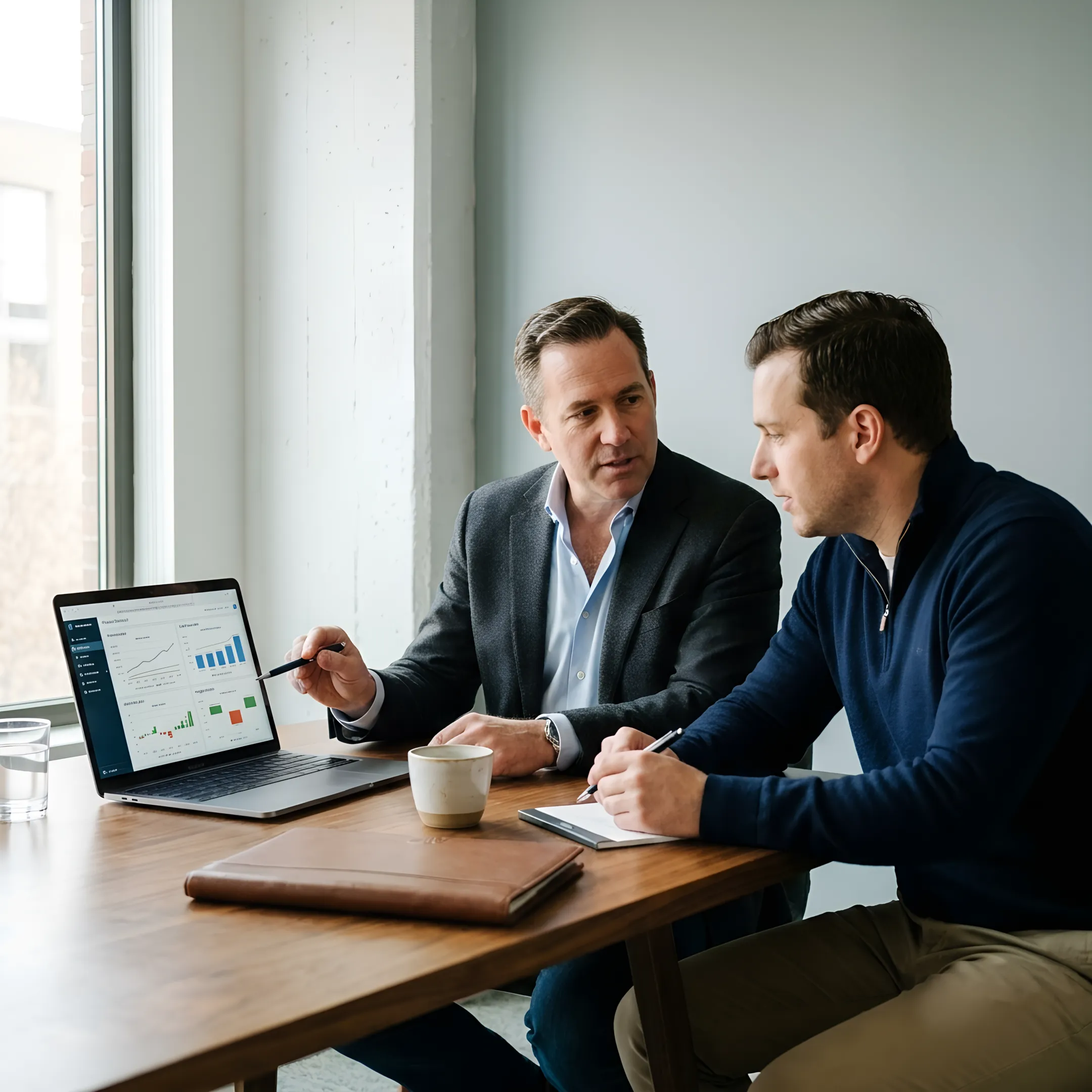 Business founder and CFO advisor reviewing a executive scorecard