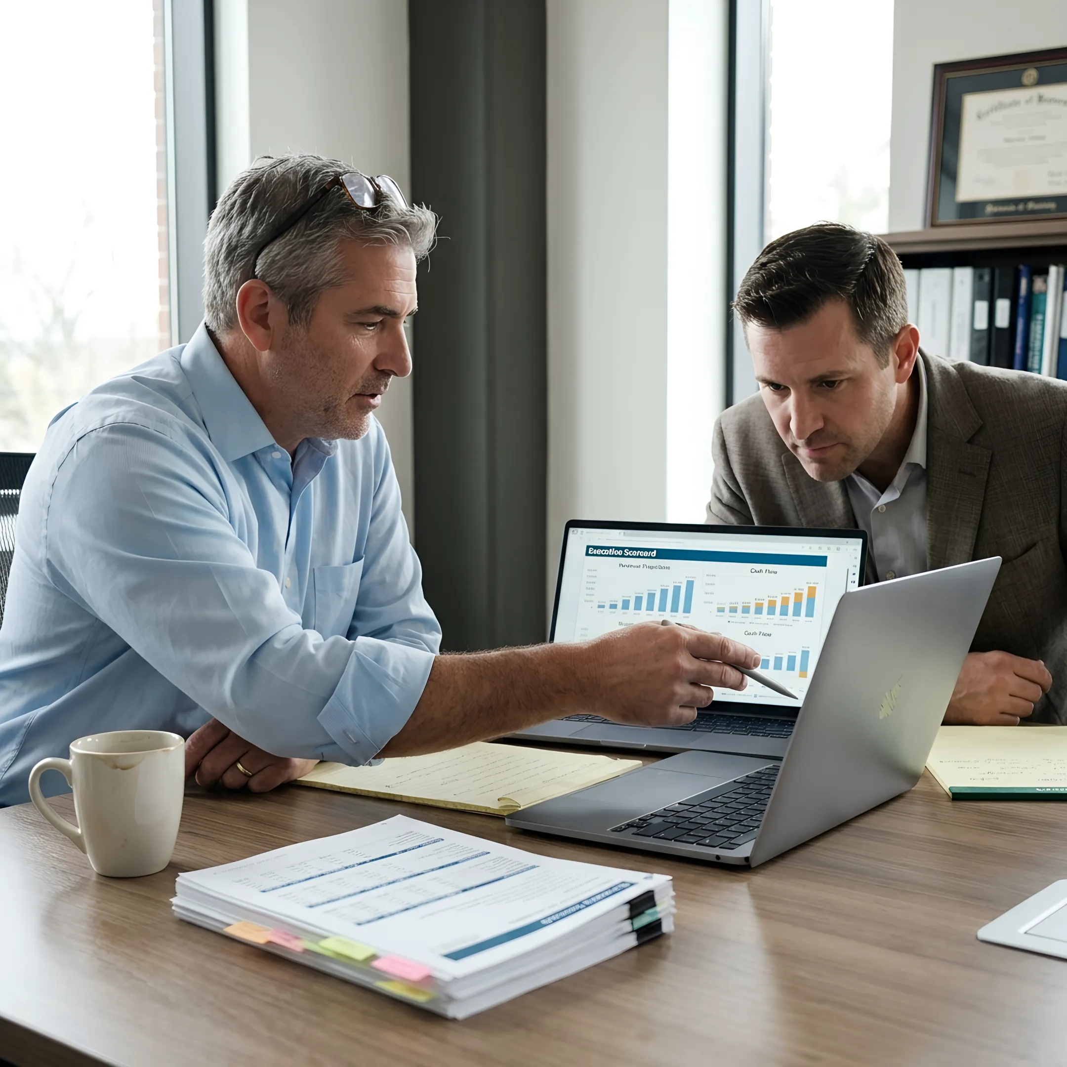 Business owner and CFO advisor reviewing a executive scorecard