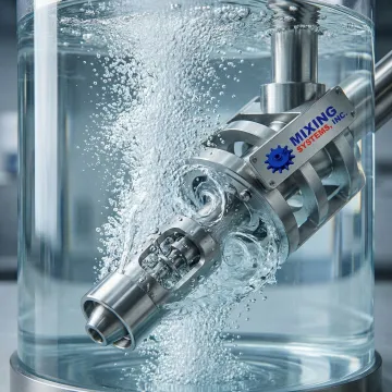 Close-up of submerged jet aeration system operating in petrochemical wastewater tank