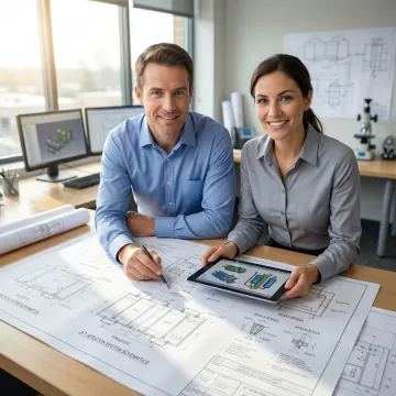 Engineering team reviewing custom aeration system design blueprints