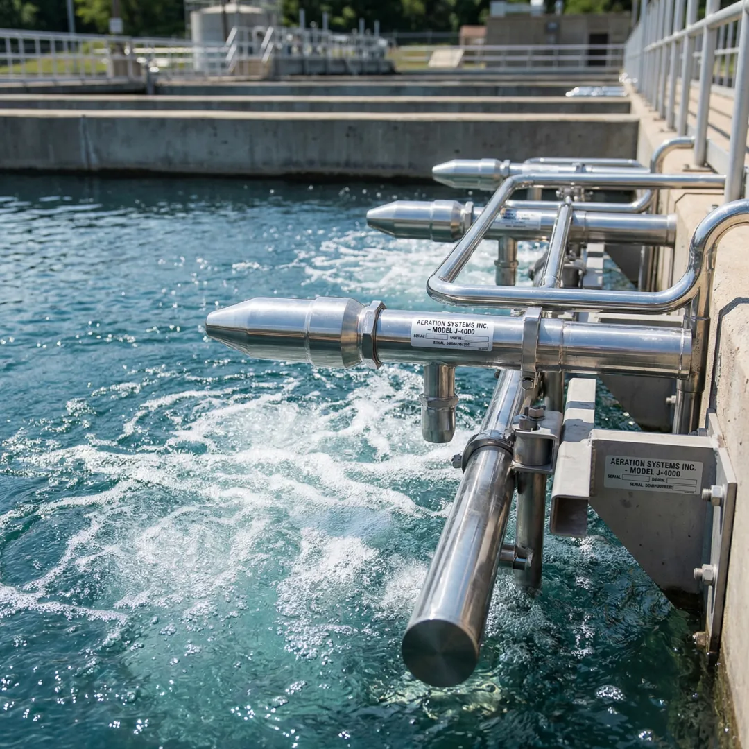 Municipal wastewater treatment equipment installation showing jet aerators in operation