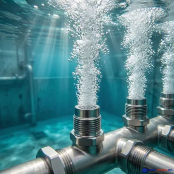 Close-up of submerged jet aerator nozzle system operating in wastewater lagoon