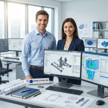 Engineers designing custom water treatment mixing system with CAD software