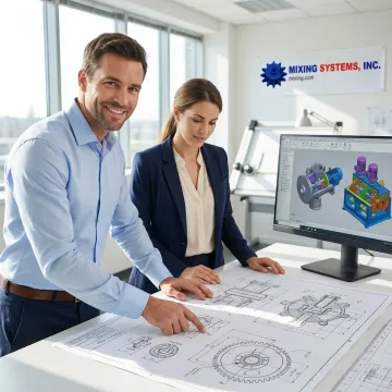 Engineering team reviewing custom hydraulic sludge mixing system design blueprints