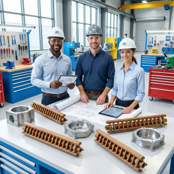 Engineers reviewing food processing wastewater treatment system blueprints and equipment