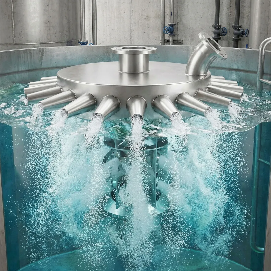 Close-up of industrial jet aerator nozzle assembly in wastewater tank