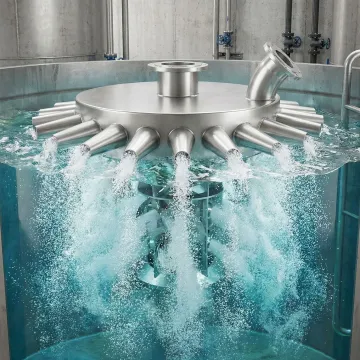 Close-up of industrial jet aerator nozzle assembly in wastewater tank