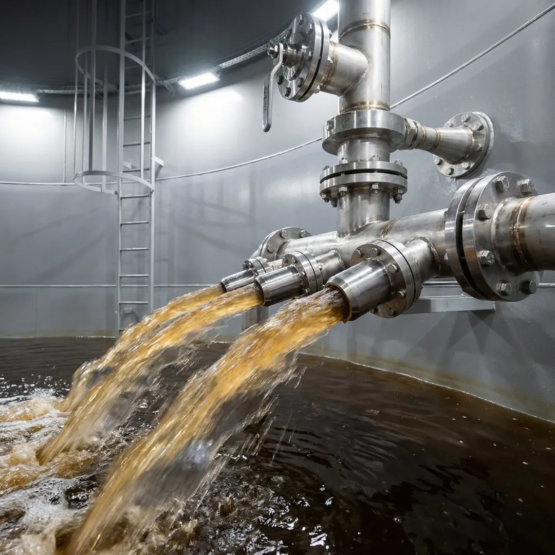 Jet mixing nozzles installed in large industrial oil storage tank
