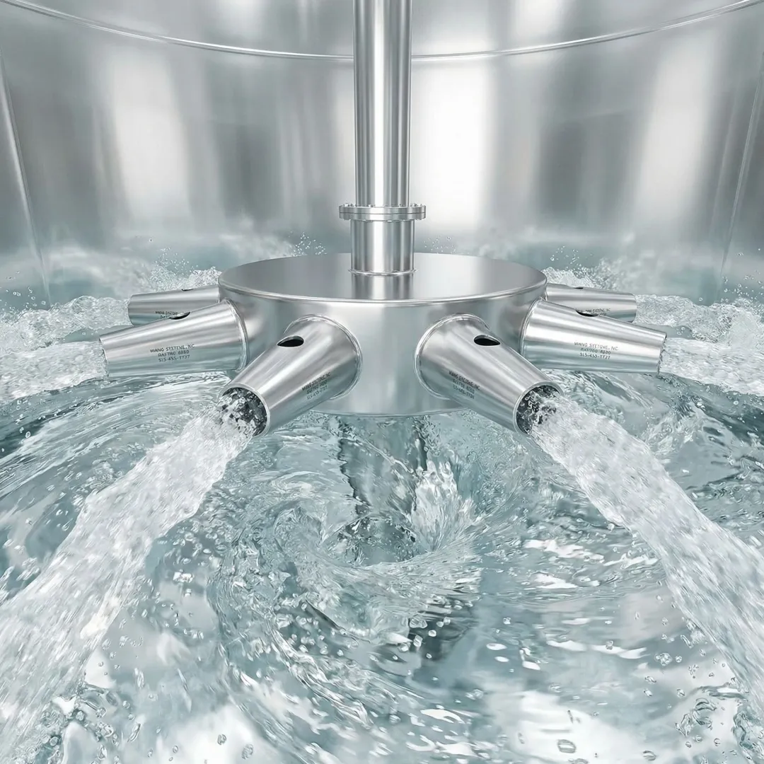 Stainless steel jet mixing nozzles in beverage processing tank