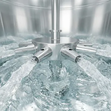 Stainless steel jet mixing nozzles in beverage processing tank