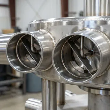 Close-up of industrial jet mixer nozzle assembly with stainless steel construction