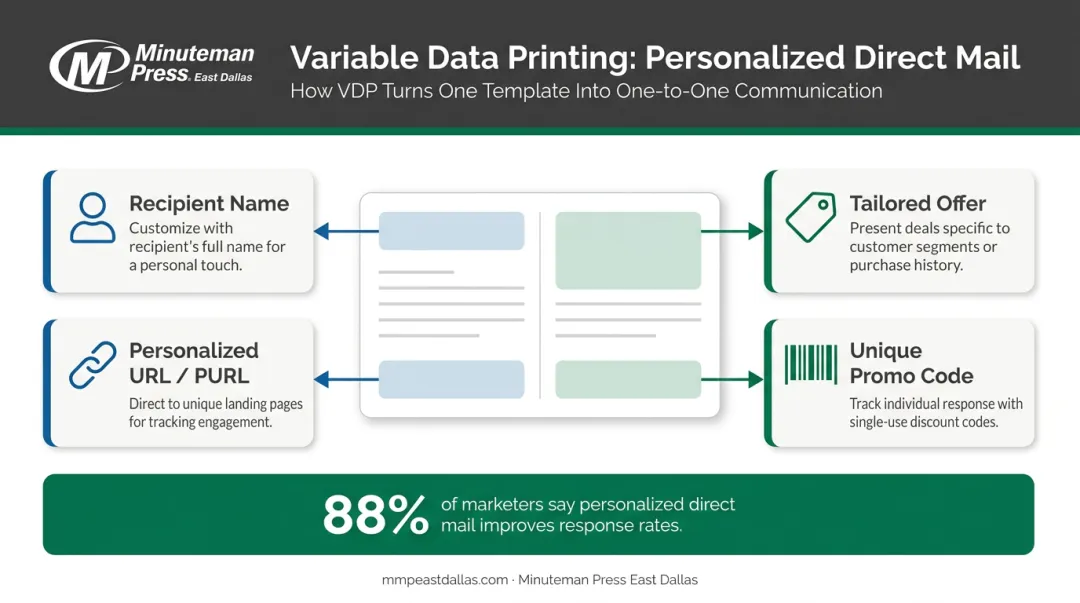 Variable data printing personalization examples showing names offers PURLs and promo codes