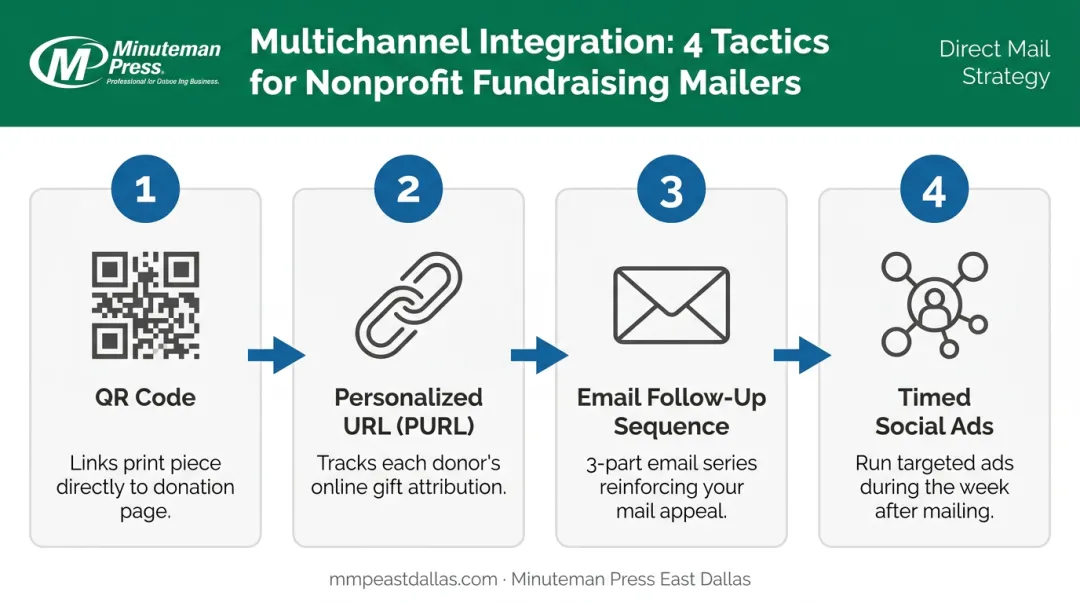 Four-step direct mail and digital channel integration tactics process flow