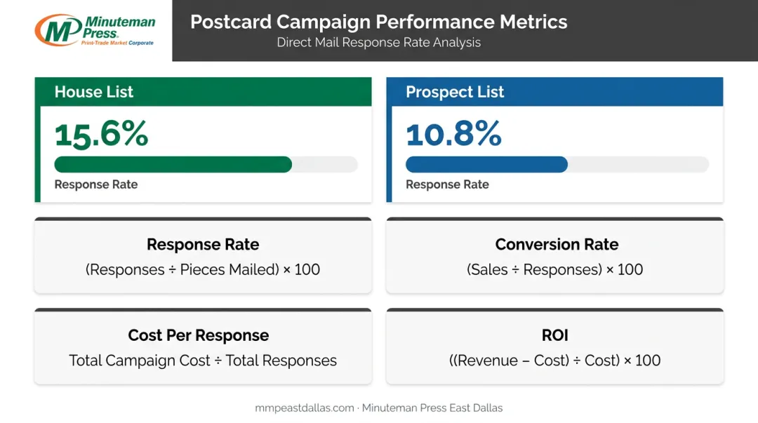 Postcard campaign ROI metrics comparison chart with house list versus prospect list response rates