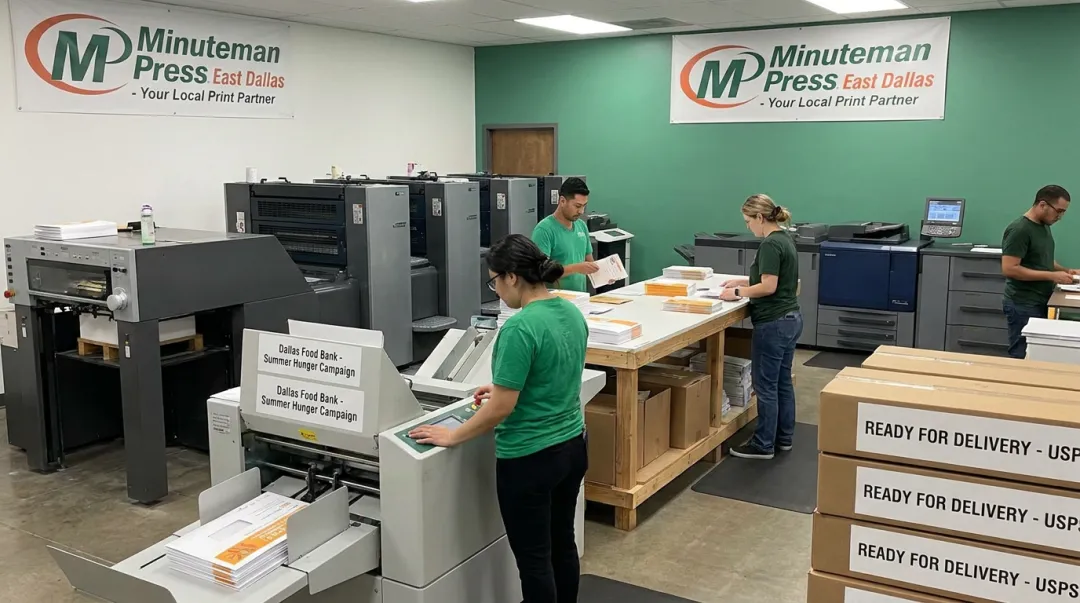Minuteman Press East Dallas team preparing nonprofit direct mail VDP print run