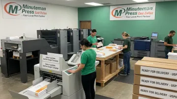 Minuteman Press East Dallas team preparing nonprofit direct mail VDP print run