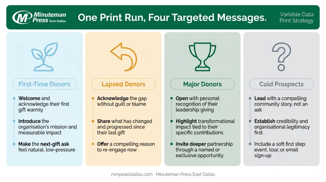 Four donor segment types and tailored VDP message strategies comparison chart