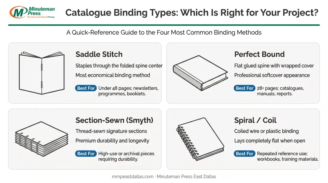 Four catalogue binding types comparison chart saddle stitch perfect bound sewn spiral