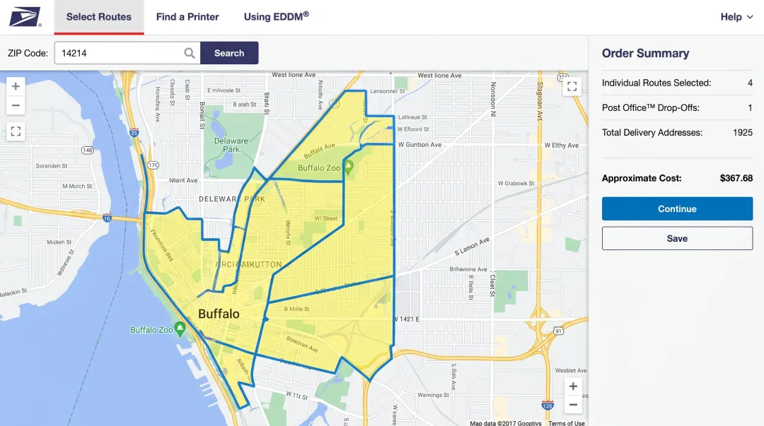 USPS EDDM online mapping tool showing Dallas neighborhood carrier routes