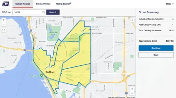 USPS EDDM online mapping tool showing Dallas neighborhood carrier routes