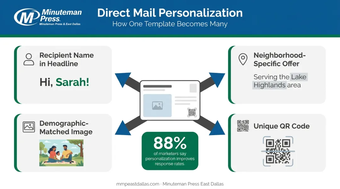 Variable data printing personalization elements on a single postcard campaign run