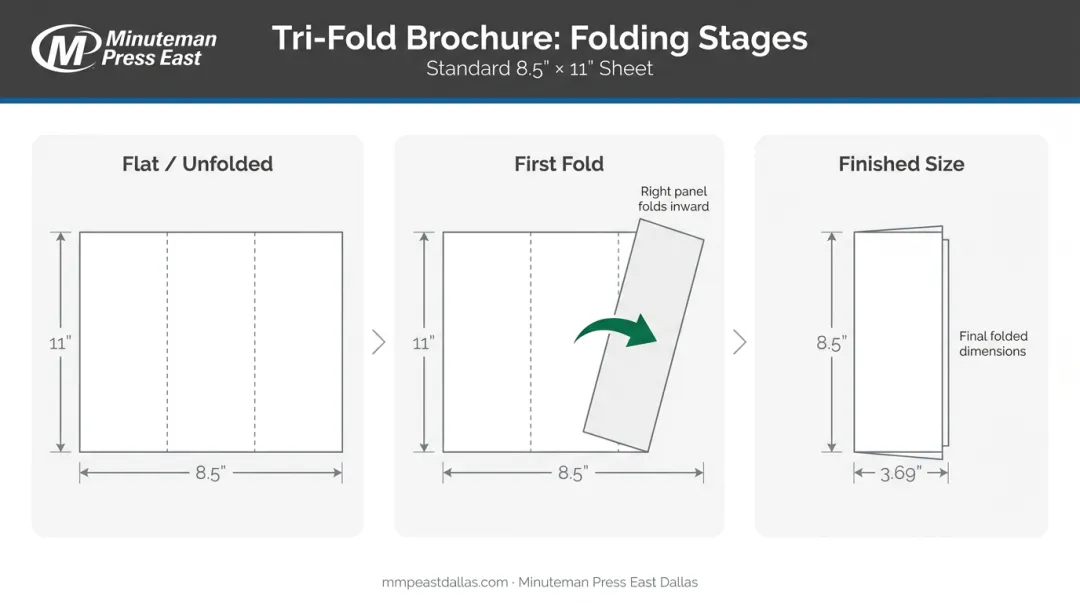 Tri-fold brochure folding sequence showing flat sheet to finished folded size