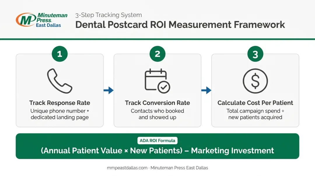 Three-step dental postcard ROI measurement process tracking response conversion and cost