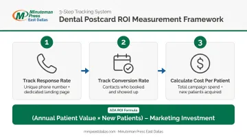 Three-step dental postcard ROI measurement process tracking response conversion and cost