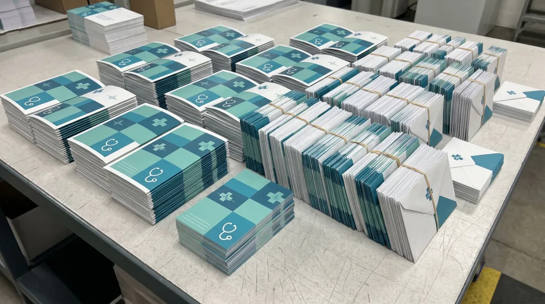 Healthcare direct mail campaign postcards sorted and ready for delivery