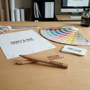 Logo imprint being reviewed on carpenter pencils