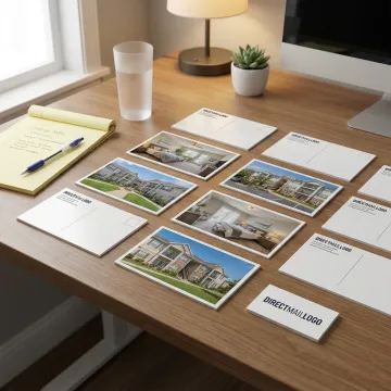 Property management marketing postcards on a desk