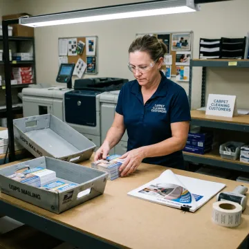 Direct mail postcards being prepared for mailing
