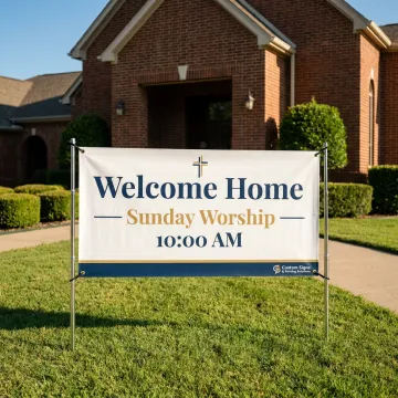 Outdoor church banner displayed near a church entrance