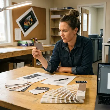 Designer reviewing business card proofs