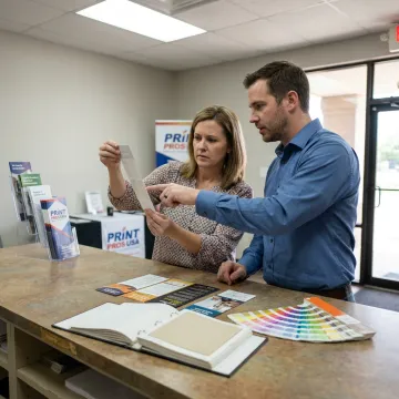 Printer reviewing rack card proofs