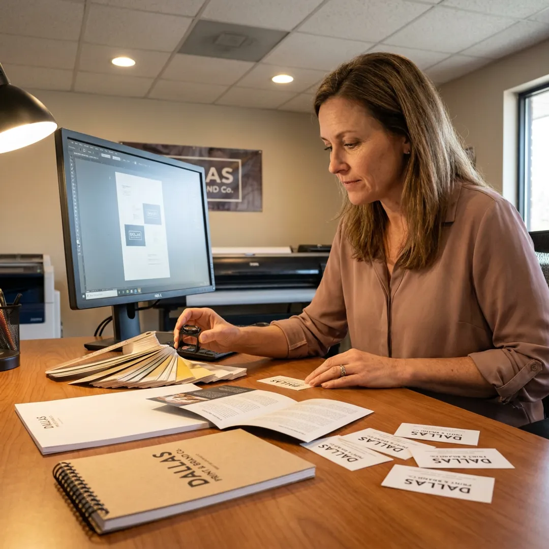Designer reviewing custom stationery order proofs