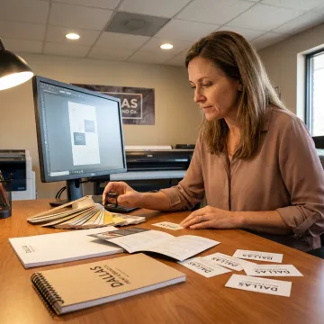 Designer reviewing custom stationery order proofs