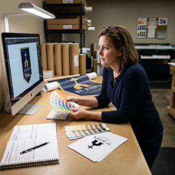 Designer reviewing a church banner proof