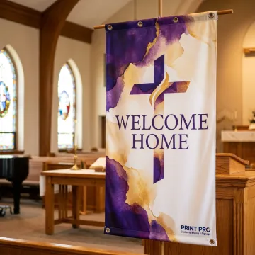 Custom church banner displayed in a sanctuary